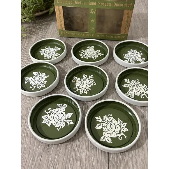 Vintage Metal Tole Ware Coasters In Original Box Green White Floral Set of 8 - Picture 10 of 13